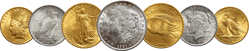 A collection of seven coins, including gold and silver pieces, featuring intricate designs and inscriptions, displayed in a row.