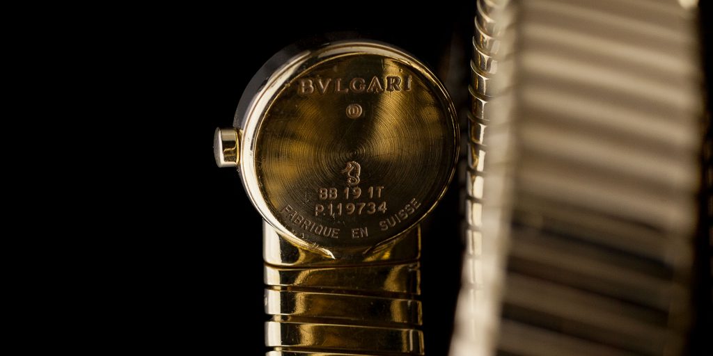 Back of a Bvlgari gold watch