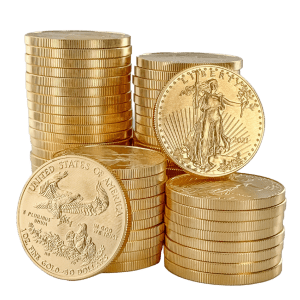 Stacks of gold American Eagle coins are arranged in rows, showing both the obverse and reverse sides of the coins