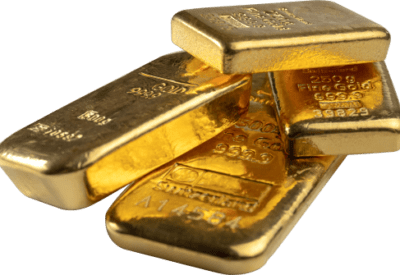 Four shiny gold bars, stacked at angles, showcasing their engraved details and reflecting light, symbolizing wealth and luxury.