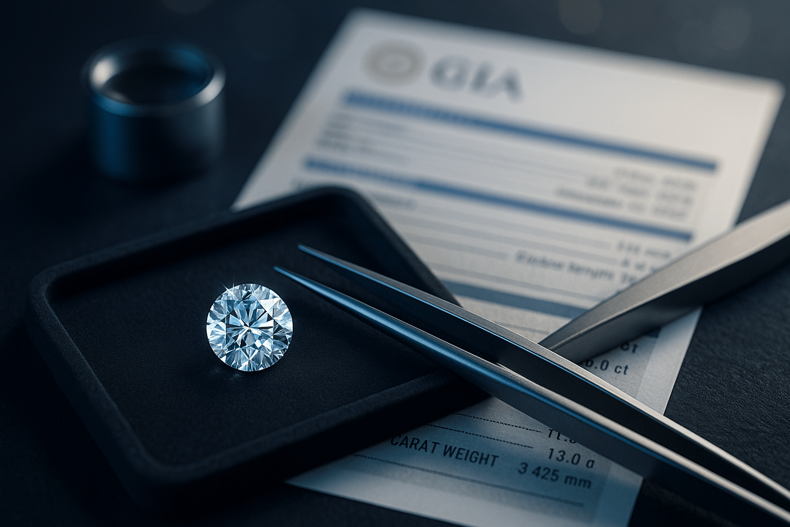 A diamond being appraised with a GIA document on the background and a tweezer beside the diamond.