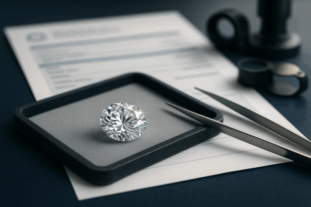 Diamond with GIA papers and a tweezers beside