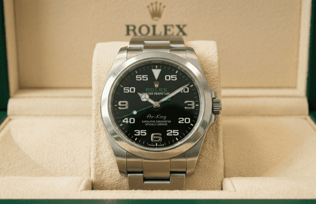 A stainless steel Rolex Air-King wristwatch with a black dial, displayed in an open Rolex box with the brand logo visible behind it—ideal for any Rolex buyer in Coral Gables.