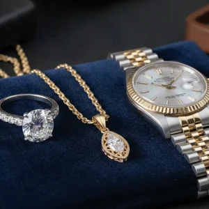 Elegant diamond ring, gold necklace, and luxury Rolex watch arranged on dark velvet, professional lighting, high-end jewelry appraisal setting