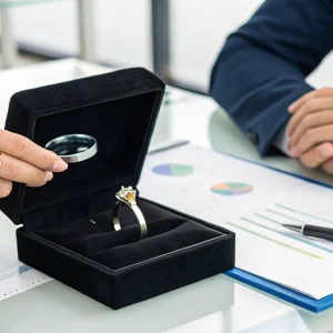 Appraising a diamond ring for a loan against jewelry with paperwork on a desk.