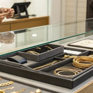 A collection of gold jewelry being appraised to sell for cash.