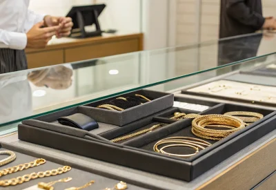 A collection of gold jewelry being appraised to sell for cash.