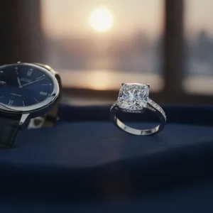 Luxury diamond ring and watch on velvet with warm lighting