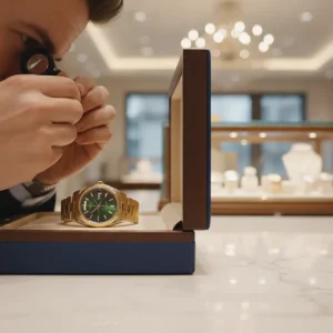 Luxury watch collector viewing a Rolex Day-Date Presidential watch displayed in a velvet-lined case
