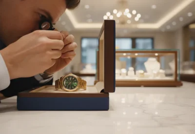 Luxury watch collector viewing a Rolex Day-Date Presidential watch displayed in a velvet-lined case