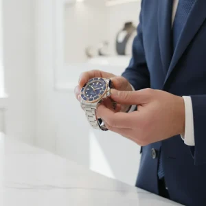 Professional watch appraiser examining a luxury Rolex sports watch in a bright jewelry showroom