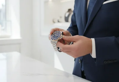 Professional watch appraiser examining a luxury Rolex sports watch in a bright jewelry showroom