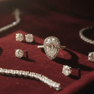 Diamond jewelry displayed on velvet with natural light