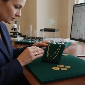 Professional gemologist examining gold jewelry and coins on a velvet appraisal pad in a luxury office