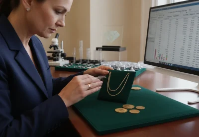 Professional gemologist examining gold jewelry and coins on a velvet appraisal pad in a luxury office