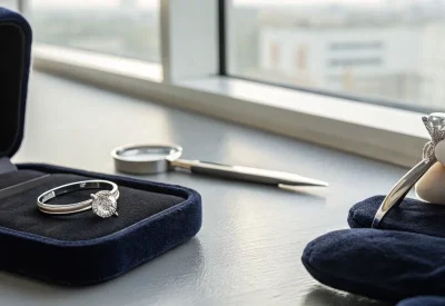 Diamond Banc expert evaluating an engagement ring before sale