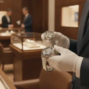 Luxury watch specialist inspecting two Rolex GMT-Master II sports watches in an upscale showroom