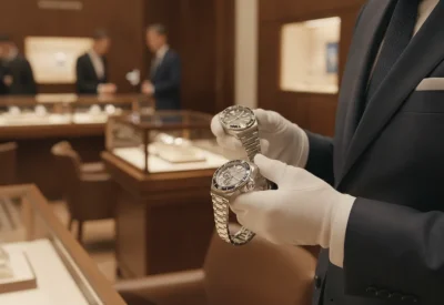 Luxury watch specialist inspecting two Rolex GMT-Master II sports watches in an upscale showroom